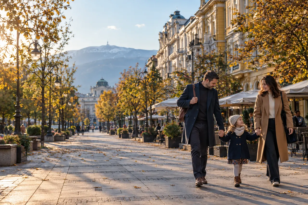 A family walking along a tree-lined boulevard in central Sofia in autumn