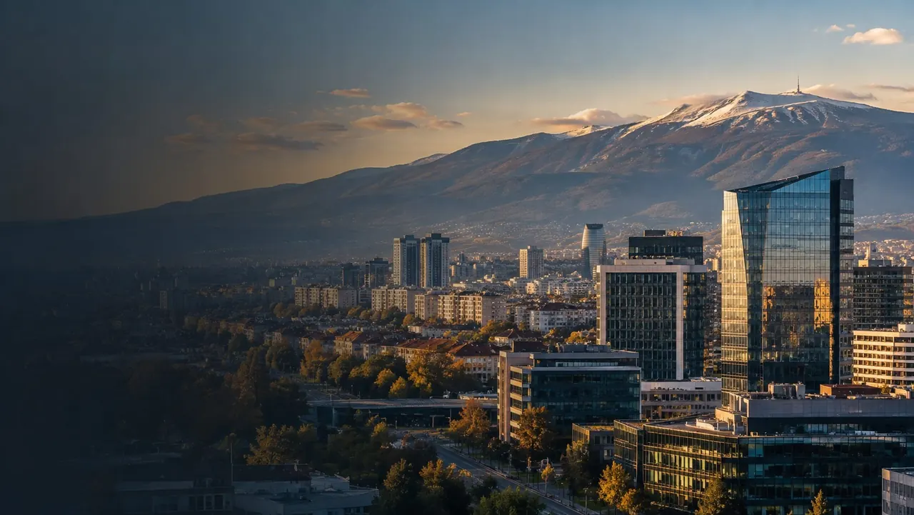 Sofia office towers at golden hour with snow on Vitosha