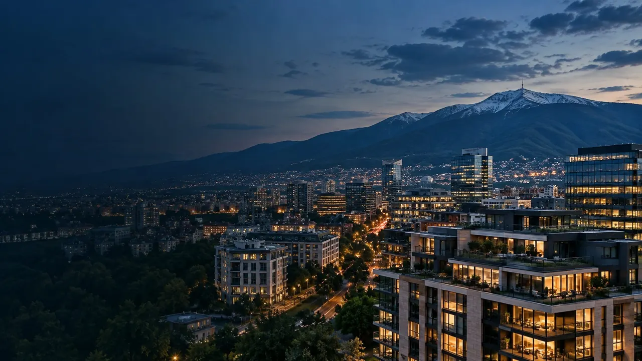 New residential buildings in Sofia at dusk below Vitosha