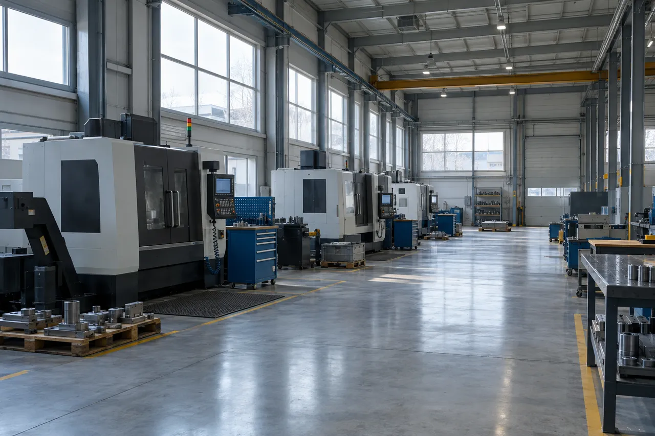 Ruhige moderne Fertigungshalle mit stillstehenden CNC-Maschinen, blauen Werkzeugschränken und Paletten mit Metallteilen in weichem Tageslicht