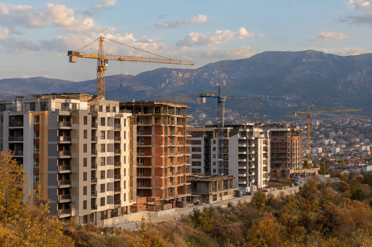 Neue Wohngebäude im Bau mit Turmdrehkranen an einem Hang am Stadtrand, dahinter Berge im herbstlichen Abendlicht