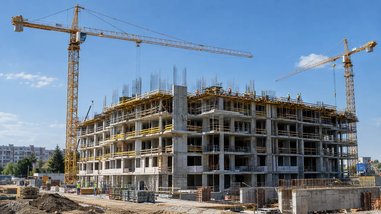 Residential construction site with tower cranes and a concrete frame under a blue sky