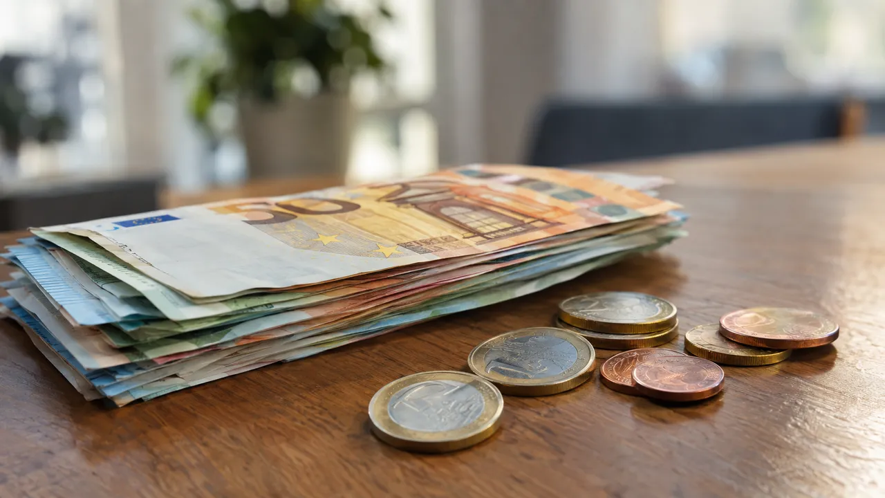 Stacked euro banknotes and coins on a wooden table in soft daylight