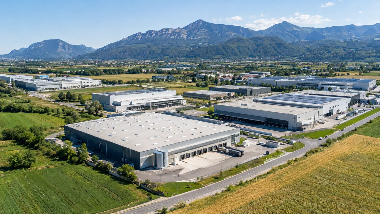 Aerial view of a modern industrial park with new warehouses and factories surrounded by fields and mountains