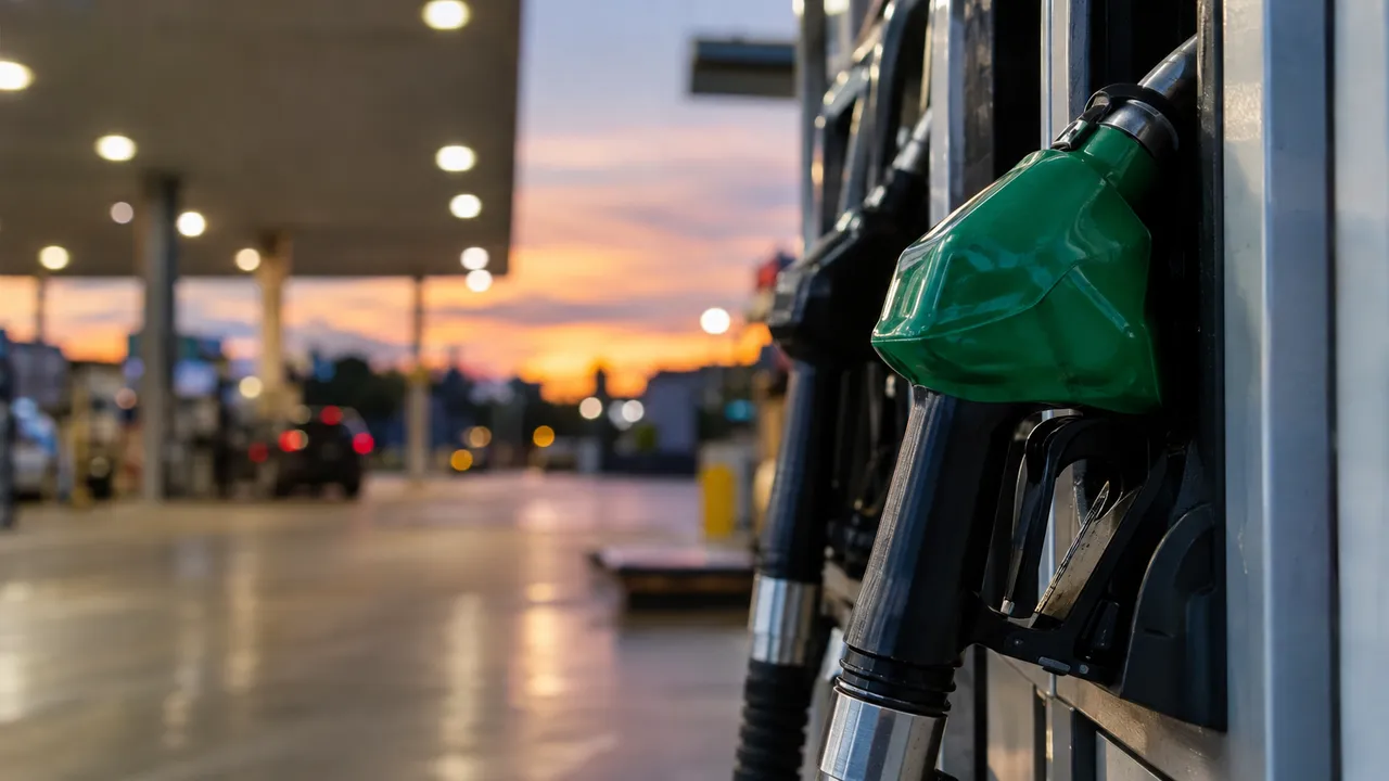 Nahaufnahme einer Zapfpistole an einer Tankstelle in der Abenddämmerung mit unscharfen Lichtern im Hintergrund