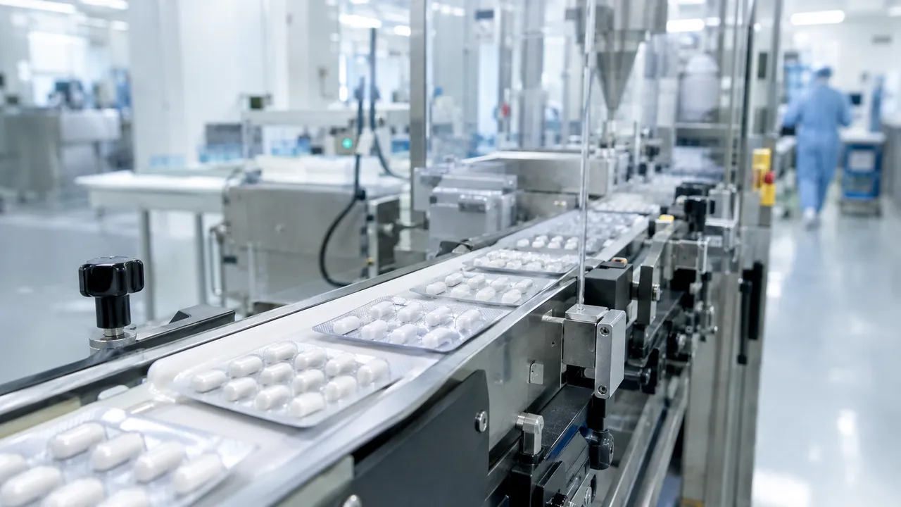 Pharmazeutische Produktionslinie mit Blisterpackungen weißer Tabletten auf einem Förderband in einem Reinraum