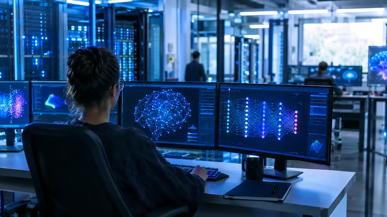 Computer science research laboratory with servers and monitors showing abstract neural network visualisations in blue light