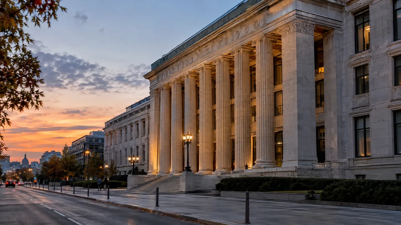 Neoclassical government building with columns at dusk in a European capital