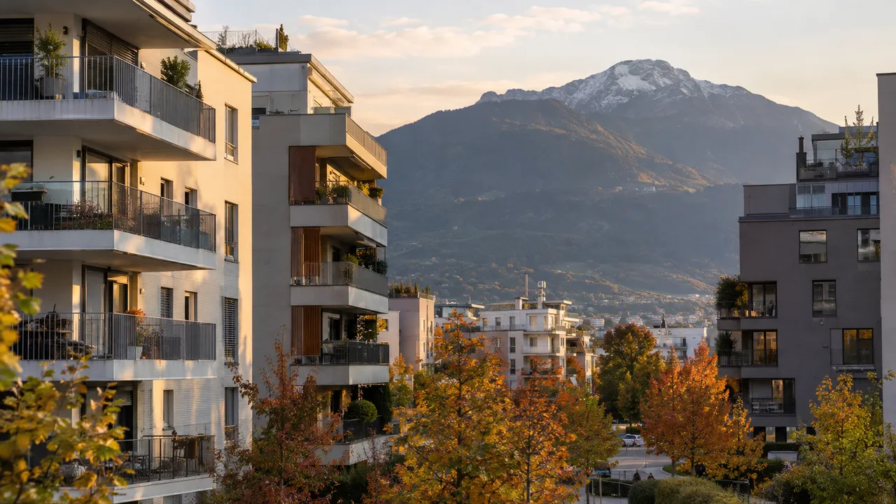 Σύγχρονες πολυκατοικίες με μπαλκόνια σε ευρωπαϊκή πόλη με βουνό στο βάθος υπό φθινοπωρινό φως