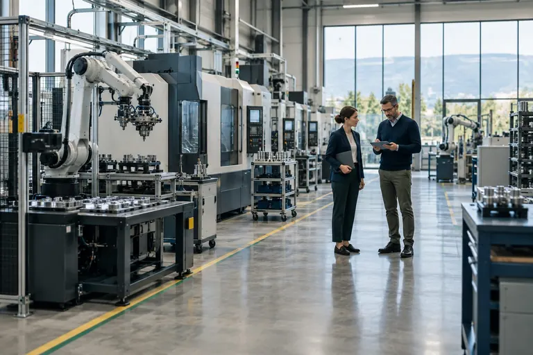 Two engineers on the floor of an advanced manufacturing plant
