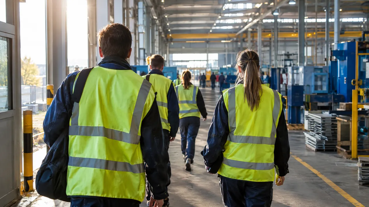 Factory workers in high-visibility vests walking into a production hall at the start of a morning shift