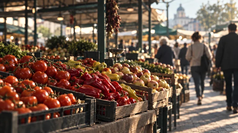 Crates of tomatoes, peppers and apples at a covered food market