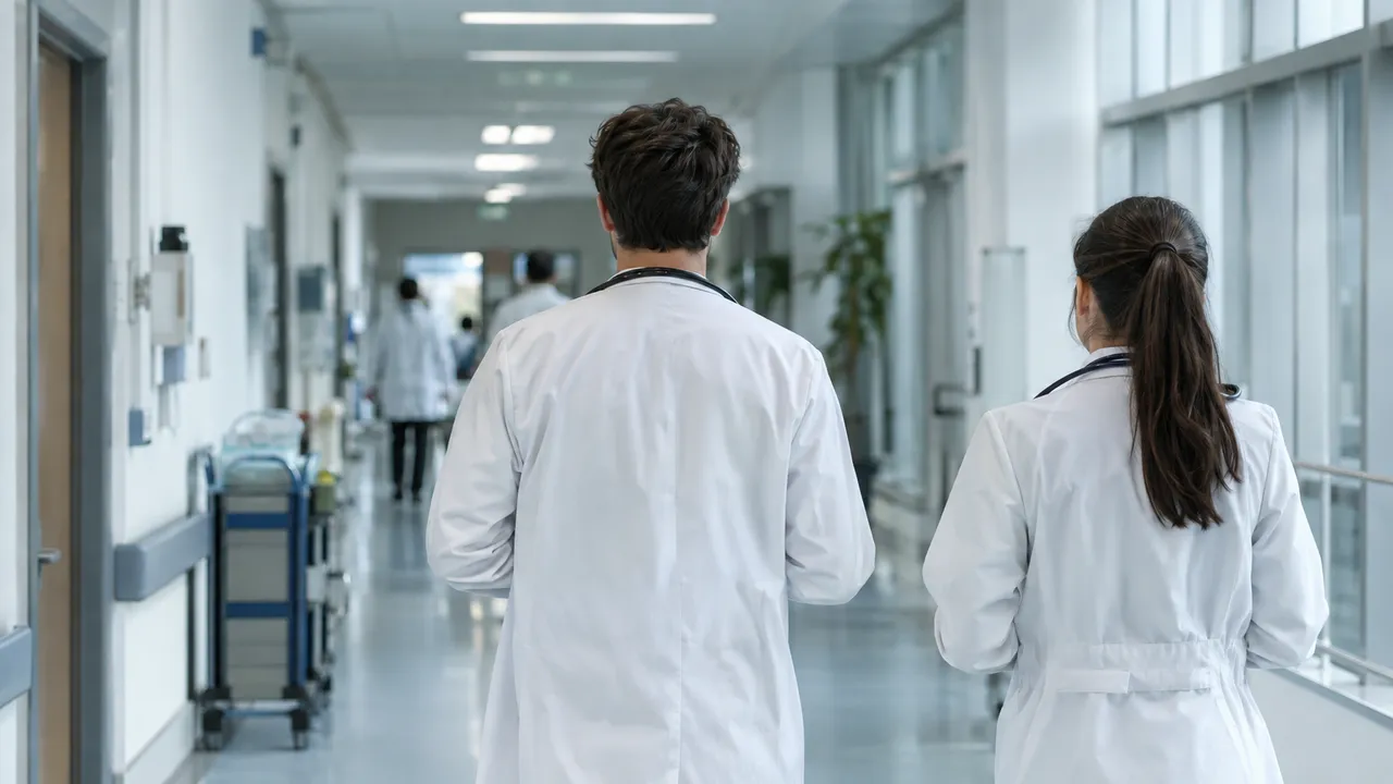 Young doctors in white coats seen from behind walking along a hospital corridor