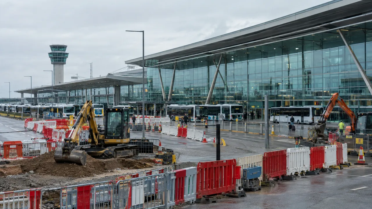 Construction works with excavators and barriers in front of a modern glass airport terminal and new bus bays