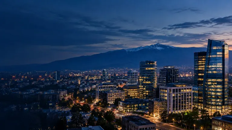 Sofia business district at night with Vitosha mountain behind