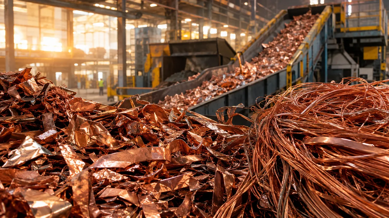 Piles of shiny copper scrap and copper wire beside a conveyor belt in an industrial recycling plant
