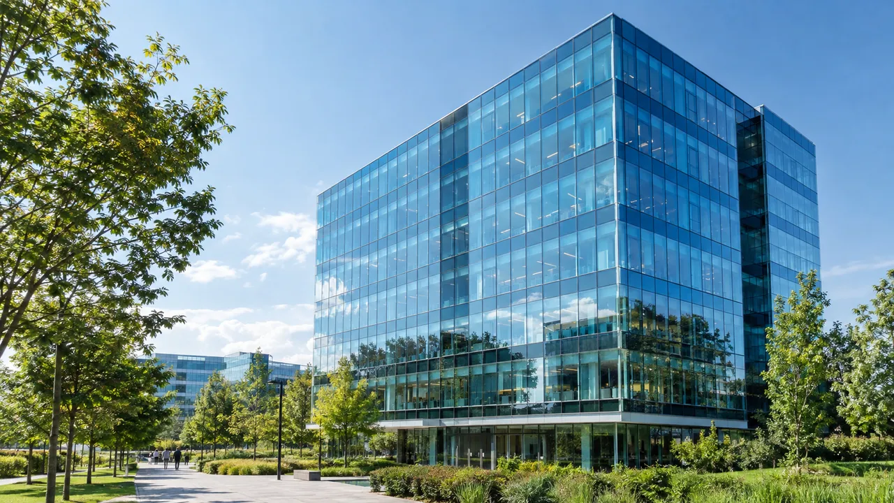 Moderner gläserner Büroturm in einem Technologiepark mit Bäumen unter blauem Himmel