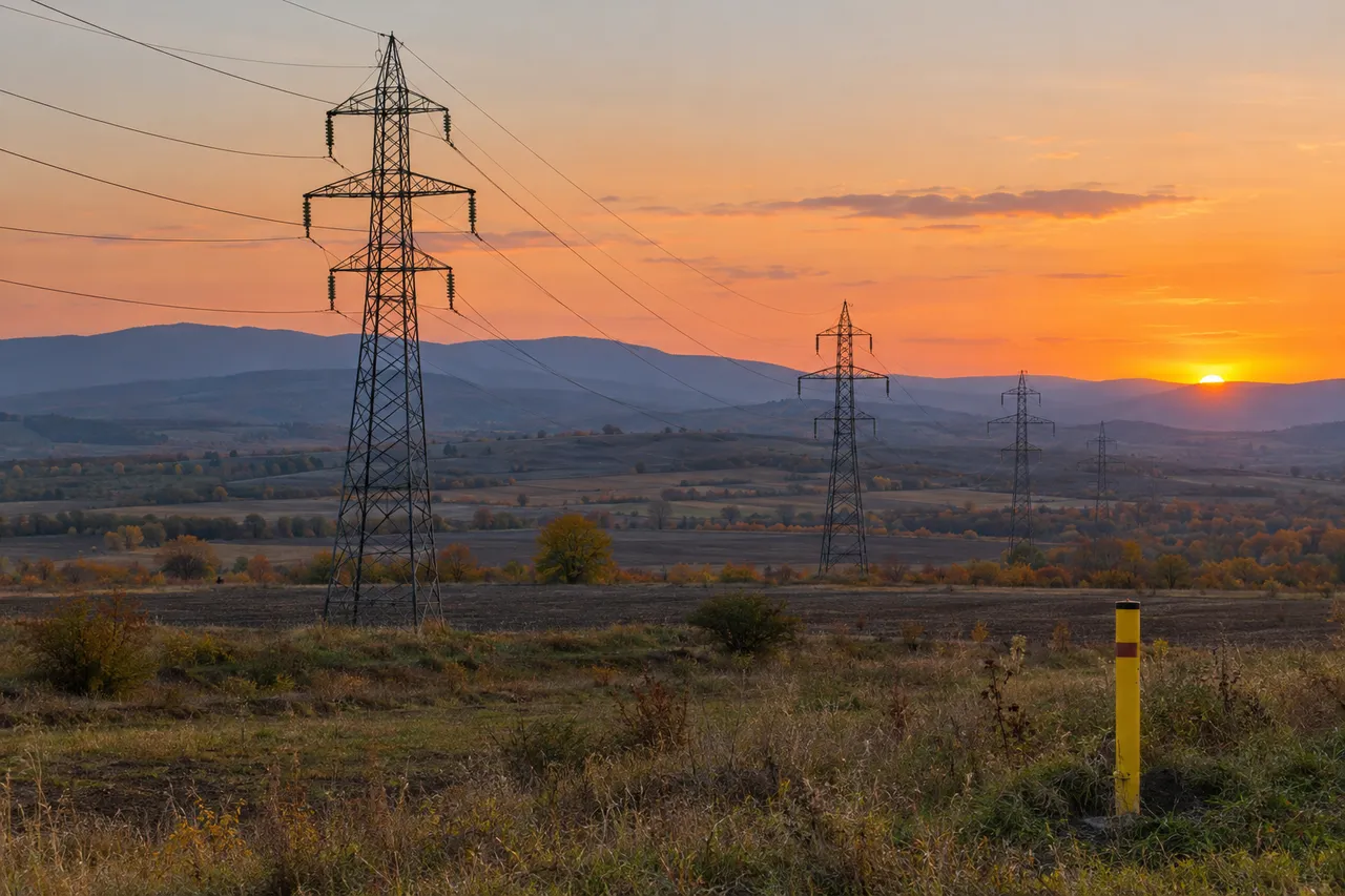 Hochspannungsmasten und Stromleitungen über herbstlichem Ackerland bei Sonnenuntergang, im Vordergrund ein gelber Pipeline-Markierungspfahl